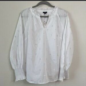 Talbots White Button Down Shirt with Silver Polka Dots